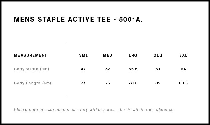 Size Guide - Style 5001A