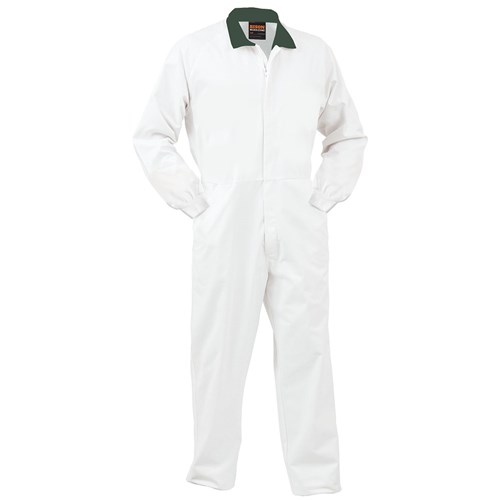 [AM006517] SMARTZONE Overall 240gsm Polycotton Zip White with Green Collar (FONPCMWSZ)