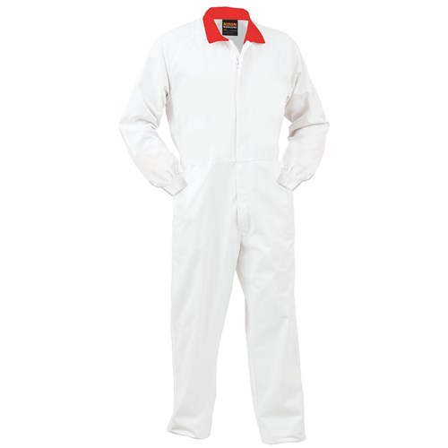 [AM006518] SMARTZONE Overall 240gsm Polycotton Zip White with Red Collar (FONPCMWSZ)